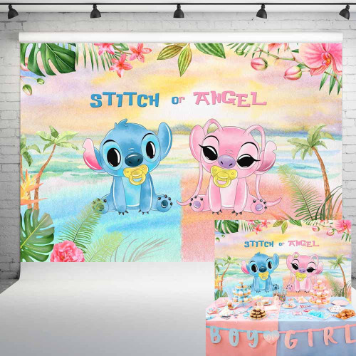 Stitch and Angel Gender Reveal Backdrop Watercolor Tropical Beach Baby Shower Background Hawaiian Baby Shower Decorations Backdrop 7x5 ft 41