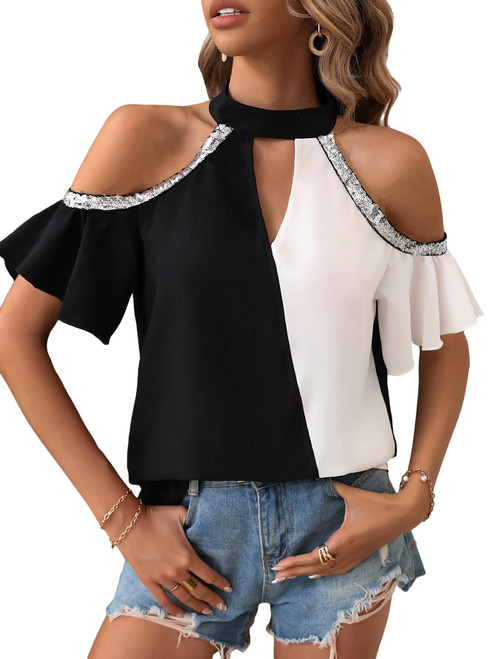 Floerns Women's Colorblock Cold Shoulder Short Sleeve Halter Sequin Blouse Top Black and White S