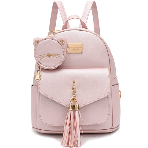 I IHAYNER Girls Fashion Backpack Mini Backpack Purse for Women Small Leather Mini Backpack for Teen Girls with Coin Purse and Tassel Gold Pink