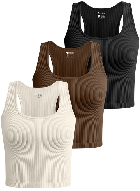 OQQ Women's 3 Piece Crop Tank Shirt Ribbed Seamless Workout Sleeveless Racerback, Black Coffee Beige, Medium