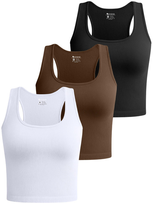 OQQ Women's 3 Piece Crop Tank Shirt Ribbed Seamless Workout Sleeveless Racerback, Black Coffee White, Medium