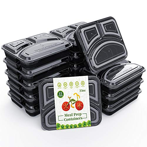 Meal Prep Containers [15 Pack] 3 Compartment Food Prep Containers, BPA Free Reusable Stackable Bento Lunch Box Containers, Microwave/Dishwasher / Freezer Safe (35oz)
