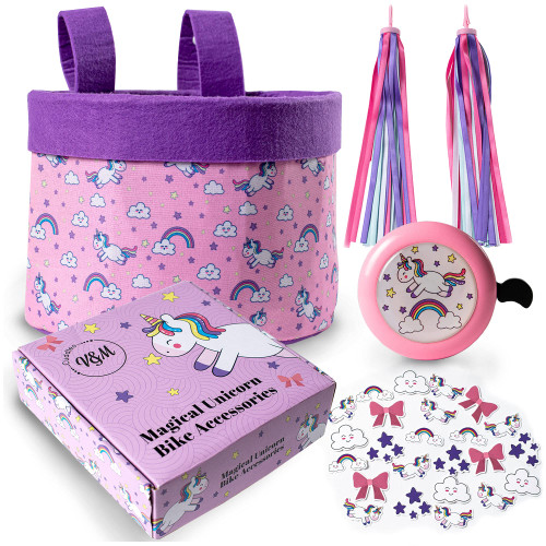 Bike Basket for Girls kit - Unicorn Streamers, Girls Bike Basket Front Facing, & Bicycle Bell | Girls Bike Accessories w/Girls Bike Bell for Kids, Kids Bike Basket Girls & Bike Streamers for Girls