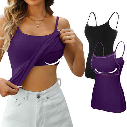V FOR CITY Camisole for Women Built-in Bra Adjustable Spaghetti Strap Tank Tops Cotton Shelf Bra Cami Yoga Shirt 2 Pack Purple Black