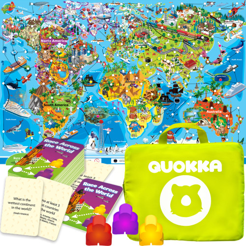QUOKKA Kids Board Games Ages 8-12 - Educational Floor Geography Game for Boys & Girls Ages 6-8 - Learning World Map for Teens 7-10 Year Olds and Up Trivia for Family (Blue)