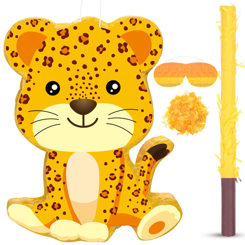Leopard Pinata Cheetah Pinata with Blindfold and Bat Safari Birthday Pinata Supplies Wild Animal Pinata Party Decorations for Boys Girls Birthday Baby Shower Party Favors Decor, 16 x 12.2 x 3.2 Inch
