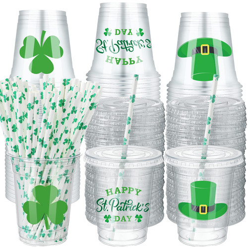 60 Pcs St Patrick's Day Shamrock Cups with Lids and 60 Pcs Shamrock Paper Straws, Disposable Happy St Patrick's Day Clear Plastic Cups St Patty's Day Party Supply for Beer Beverage Coffee Ice Cream