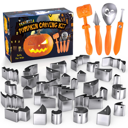 Fenvella Pumpkin Carving Kit for Kids with Hammer, 25 PCS Pumpkin Carving Tools Heavy Duty Stainless Steel Pumpkin Carver Set, Halloween Pumpkin Carving Stencils, Safe Carving Tools Kit for Adults Fenvella Pumpkin Carving Kit for Kids with Hammer, 25 PCS Pumpkin Carving Tools Heavy Duty Stainless Steel Pumpkin Carver Set, Halloween Pumpkin Carving Stencils, Safe Carving Tools Kit for Adults