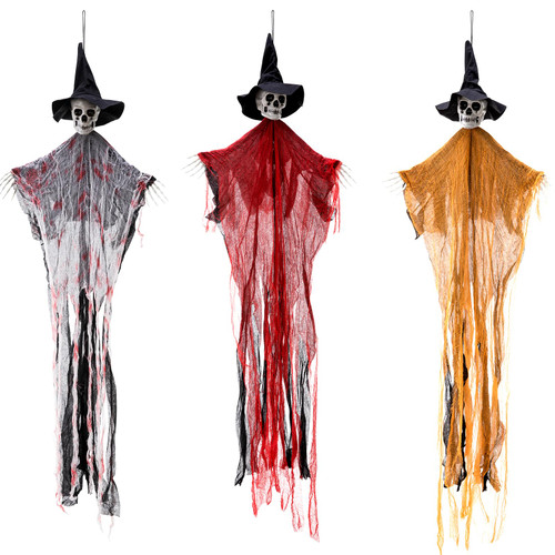 CINPIUK 3 Set Halloween Flying Ghosts 47 Inch Hanging Grim Reapers Creepy Skeletons with Black Hat for Halloween Decorations Haunted House, Spooky Halloween Outdoor Indoor Decor