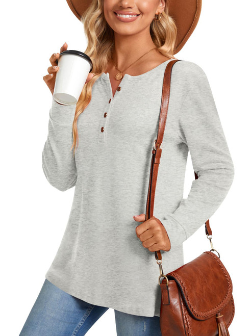 Aodemo 2023 Women's Fall Long Sleeve Henley Tops Button Up Tunic Casual Loose Blouse For Leggings L, Light Gray