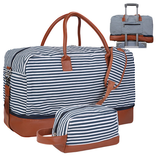 Inspack Duffle Bag with Shoe Compartment and Toiletry Bag for Women/Men, 45L Gym Sports Bags with Trolley Sleeve, 22x14x9 Weekender/Carry on/Travel Tote/Duffel/Overnight Bags?Blue-White Stripe?