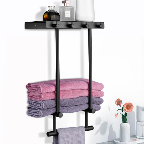 romise Towel Racks Wall Mounted, Bathroom Towel Storage Rack for Rolled Towels Organizer Can Hold 4 Bath Towels, Wall Towel Rack with Metal Shelf & 4 Towel Hooks, Towel Holder for Bathroom RV Laundry