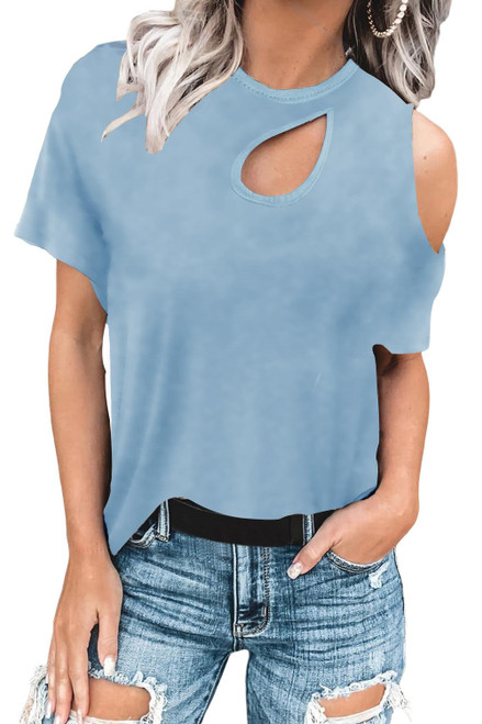 SMENG Womens Tops Summer Cold Shoulder T-Shirts Crew Neck Short Sleeve Blouses for Women Dressy Casual Tee Shirt Blue Small