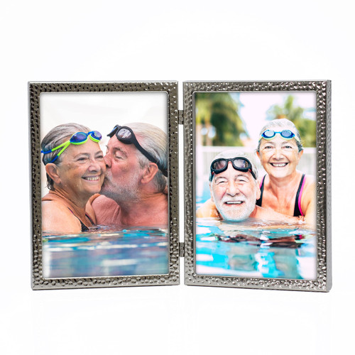 MIMOSA MOMENTS Silver Hammered Metal Photo Frame, Double Hinged picture frame for 5x7 Inch photo Display (Silver, Double 5x7)
