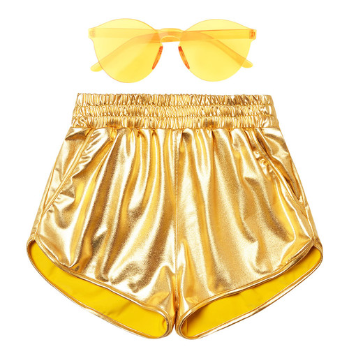 Mirawise Women's Metallic Shorts Gold Summer Yoga Hot Shiny Sparkly Medium Outfit Short Pants with Sunglasses