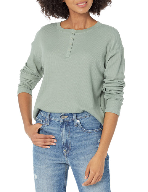 GAP Womens Long Sleeve Waffle Henley Shirt, Gasoline Green, Small US