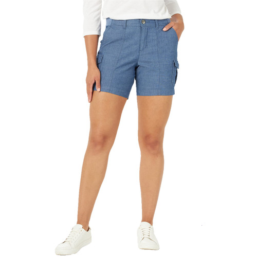 Lee Women's Flex-to-Go Mid-Rise Seamed Cargo Short, Rinse Chambray, 4