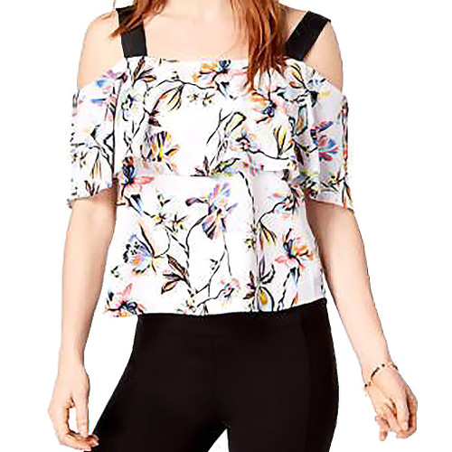 Bar III | Ribbon-Strap Off-The-Shoulder Top | White Prism Lilies | XS