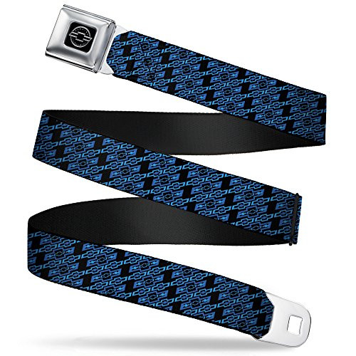 Buckle-Down Seatbelt Belt - Diagonal Retro Chevy Bowtie Monogram Black/Blues - 1.0" Wide - 20-36 Inches in Length