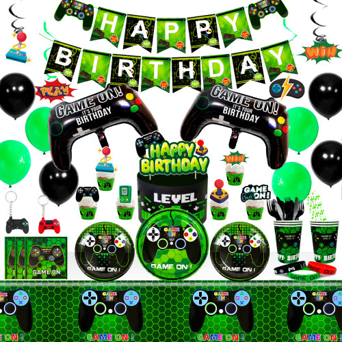 Video Game Birthday Party Decorations for Boys,194pcs Gamer Birthday Decorations&Tableware Set-Video Game Plates Cups Napkins Tablecloth Balloons Banner Swirl etc Green Gamer Gaming Party Supplies