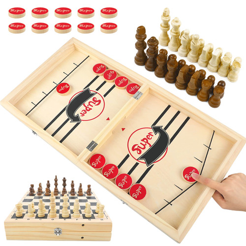 moopok 2 in 1 Chess Board or Fast Sling Puck Game,Wooden Hockey Game, Foosball Table Winner Game,Desktop Battle Slingshot Game,Parent-Child Interaction Family Games Toys