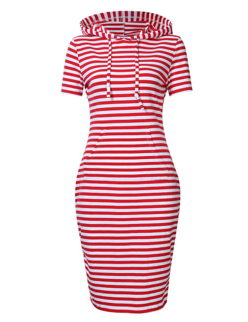 MISSKY Stripe Red Dresses for Women Pullover Pocket Hoodie Dress (2XL,Red White Short Sleeve)