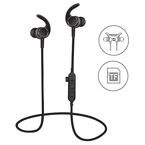 [Upgraded]SYL Bluetooth headphones with TF SD card slot and Clip, sweatproof wireless in ear earbuds headsets, bluetooth 4.2 noise cancelling sports magnetic earphones with Mic for Gym running (Black)