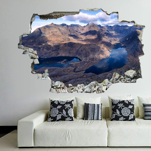 godblessign Scotland Mountains Lake Cuillin Clouds Wall Decal Landscape 3D Break Through Sticker Removable Funny Art Christmas Home Decor Vinyl Mural for Boy Kids Room Living Room, 36inx24in