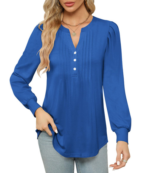 BZB Womens Puff Long Sleeve Tops V Neck Button Pleated Tunic Tops Loose Fit Dressy Casual Fall 2023 Blouses T Shirts Blue