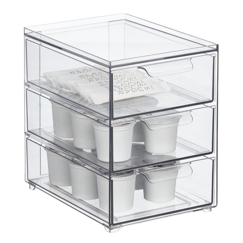 mDesign Plastic Stackable 3-Drawer Kitchen Storage Organizer - Bin with Divided Pull-Out Drawers for Pantry, Shelf, Fridge/Refrigerator, and Freezer Organization - Lumiere Collection - Clear