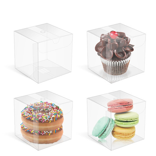 XINHPKGG 100 pcs Clear Favor Boxes 3x3x3 Inch, Macaron Boxes, Cake Pop Boxes with Hole Top, Individual Clear Gift Box, Plastic Treat Boxes for Cupcake Candy Chocolate Bomb