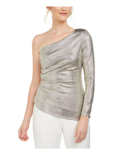 Adrianna Papell Womens Shiny One Shoulder Blouse, Metallic, 2