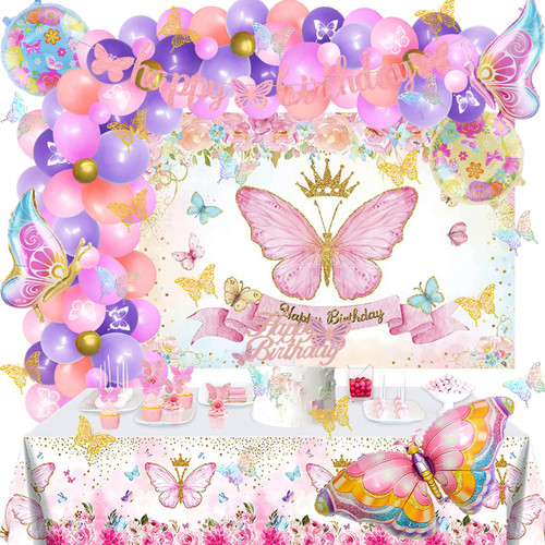 133 PCs Butterfly Birthday Party Decorations, Fiesec Butterfly Backdrop Balloon Garland Arch Glitter Banner Tablecloth Cake Cupcake Topper 3D Butterfly Floral Gold Pastel Purple Pink