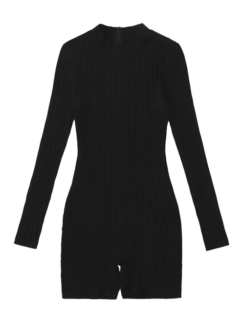 Floerns Women's Mock Neck Long Sleeve Ribbed Knit One Piece Shorts Bodycon Romper Black L