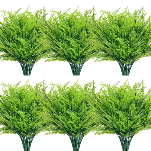 CEWOR 24 Bundles Artificial Ferns for Outdoors Fake Boston Fern Large Greenery Plants UV Resistant Faux Plastic Plants Shrubs for Garden Front Porch Window Box Indoor Outdoor Decoration