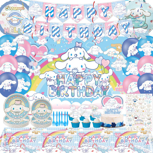 Cinnamoroll Birthday Decorations Include Banner, Cinnamoroll Balloon, Tablecloth, Cinnamoroll Plates, Tattoo Sticker, Backdrop for Kawaii Birthday Party