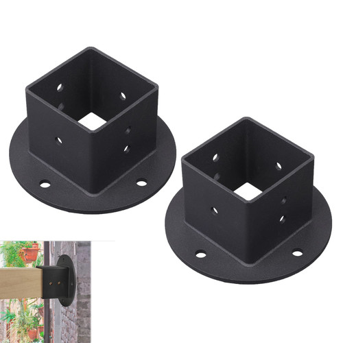 Chooglkj 2Pcs 2x2 Square Fence Pole Flange Base Pergola Post Base Brackets kit,Heavy Duty Black Wall Mount Post Anchor Base Brackets for Deck Railing Mailbox