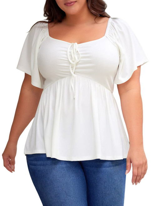 Eytino Women Plus Size Ruched Shirred Short Sleeve Sweetheart Neck Peplum Shirts Tops,1X White