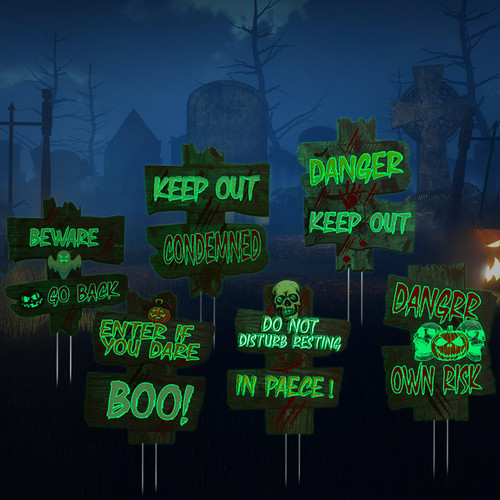 6 Pieces Halloween Decorations Yard Signs Stakes Fluorescence Warning Signs Props Outdoor Decor Scary Creepy Theme Garden Signs for Haunted House Outside Garden Lawn Yard (Cool Style)