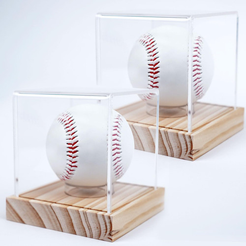 Baseball Display Case, Clear Cube Baseball Holder with Wooden Base, Autograph Baseball Stand Box for Single Ball, Pine Wood, 2 Pack