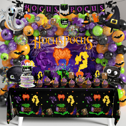 Halloween Hocus Pocus Party Decorations Pack, Hocus Pocus Party Supplies with Hocus Pocus Banner Garland Balloons Backdrop Tablecloth for Halloween Hocus Pocus Birthday Party Decorations