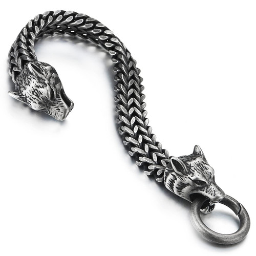 COOLSTEELANDBEYOND Biker Mens Steel Wolf Head Franco Link Curb Chain Bracelet, Spring Ring Clasp, Old Metal Treatment COOLSTEELANDBEYOND Biker Mens Steel Wolf Head Franco Link Curb Chain Bracelet, Spring Ring Clasp, Old Metal Treatment