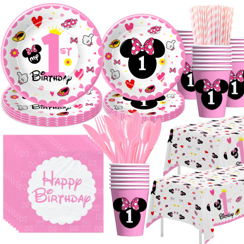 Xenorik Minnie 1st Birthday Party Supplies - Minnie Theme Mouse Birthday Decorations Tableware, Plate, Cup, Napkin, Tablecloth, Cutlery, Straw, Pink Minnie First Birthday Party Supplies | Serve 24