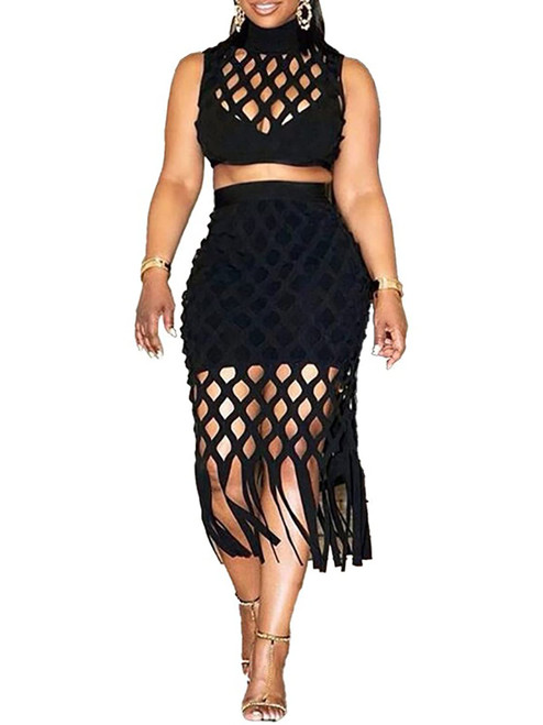 Womens Sexy Two Piece Skirts Sleeveless Hollow Out Crop Top Bodycon Tassel Fringe Dress Sets Outfits for Party Club Night Black