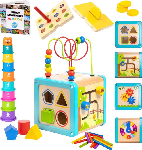 Pidoko Kids Wooden Baby Activity Cube for Toddlers 1-3 | Montessori Toys Boy Girl First Birthday Gifts One Year + Old Babies - Developmental Toy 12-18 Months - Educational Bead Maze Set Learning Book