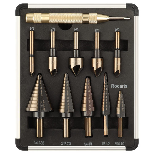 Rocaris 5 Pcs Step Drill Bit & 5 Pcs Countersink Drill Bit Set, Titanium Coated, 50 Sizes of Step Bit for Metal with Aluminum Case, Multiple Hole Stepped Up Bits for DIY