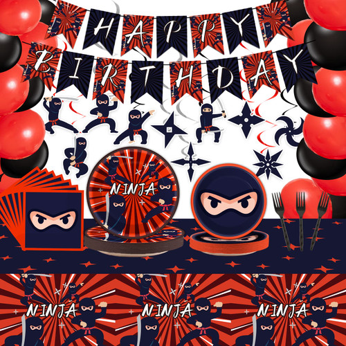 162 Pcs Ninja Birthday Party Decoration Set Ninja Warrior Party Supplies Kit Includes Ninja Master Tableware Tablecloth Hanging Banners Foil Swirls Cutouts Balloons for Karate Party Favors