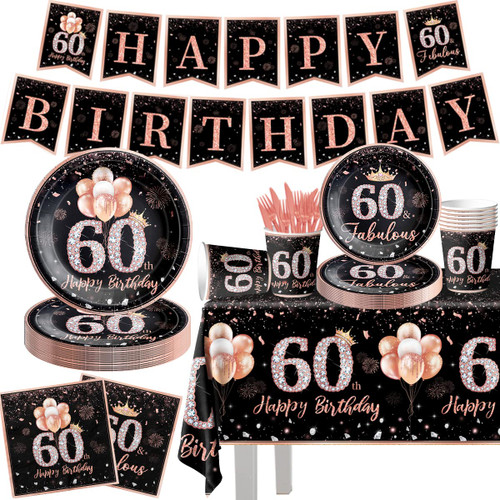 142Pcs 60th Birthday Tableware Decorations for Women Rose Gold Happy 60 Birthday Themed Tableware Set Disposable Tablecloth,Plates,Napkins,Cups,Forks and Knives of 60 Years Old Birthday Party