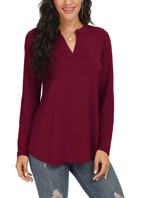 Neineiwu Women's Long Sleeve V Neck Tops Casual Tunic Blouse Loose Shirt (Wine red XXL)