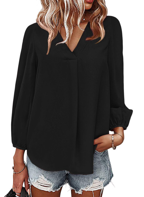 Spriolim Womens Long Sleeve Chiffon Solid Color Shirt V Neck Top Casual Work Blouse Black, X-Large